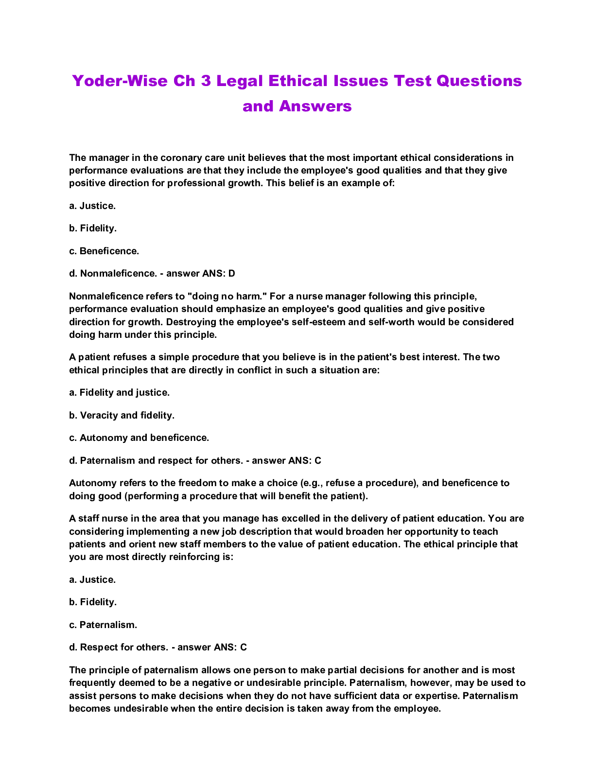 YoderWise Ch 3 Legal Ethical Issues Test Questions and Answers